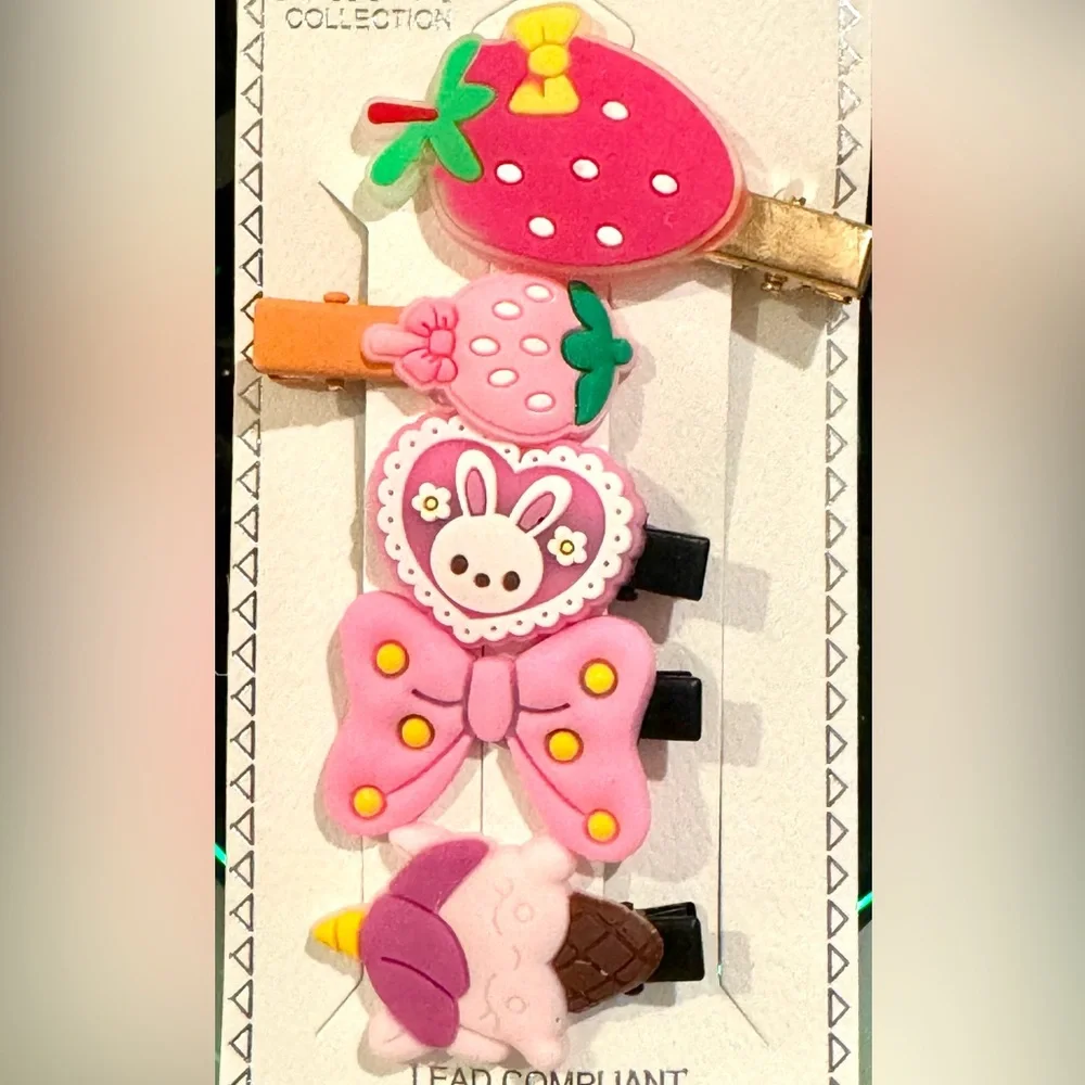Girls Set of 5 Hair Clips in Pink Strawberry